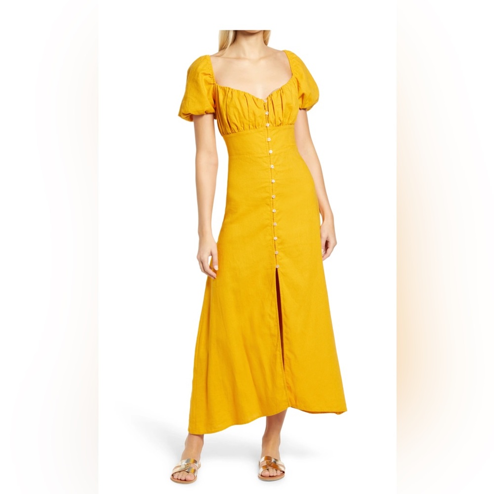 PRIM Women's Puff Sleeve Button Midi Dress - Mustard , Size Large